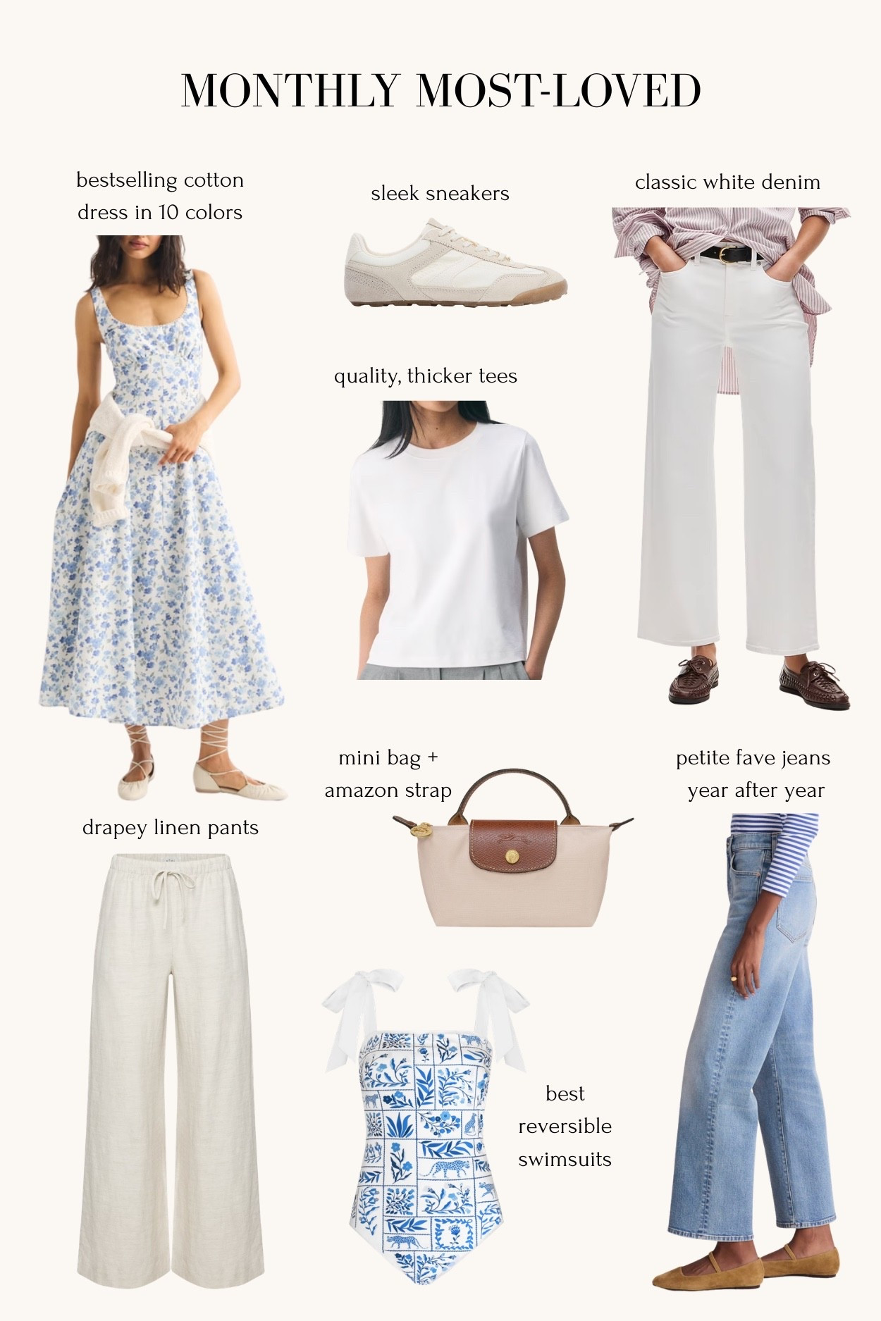 Sizing below! Most loved items.
• no bra-needed Midi Dress size XXS petite in new colors on preorder 
• Zara sneakers run a little roomy so size down if you're a half size.
• Aritzia luxe weight white tee you can size up 1 to account for a little shrinking since it is cotton
• Jcrew slim wide jeans 24 petite, TTS, waist slightly roomy
• Madewell Perfect Vintage Wide-Leg Crop Jean 24 short, TTS
• Aritzia linen blend lodge pants xxs Short (the length shrinks 1-2” in washer and low heat dryer)
• Jessiza Zhao reversible swimsuits XS, a little big on me but is TTS (I’m usually XXS in most brands) 
• Longchamp mini bag with Amazon detachable strap kit

Spring favorites, petite friendly jeans, spring summer maxi dress 
#ltkseasonal #ltkswim #ltkpetite

#LTKootd #LTKPetite #LTKmomlife