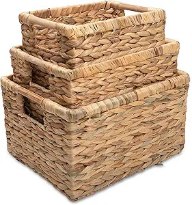 Wicker Baskets for Storage Organizing, Water Hyacinth Storage Baskets Rectangular with Wooden Han... | Amazon (US)