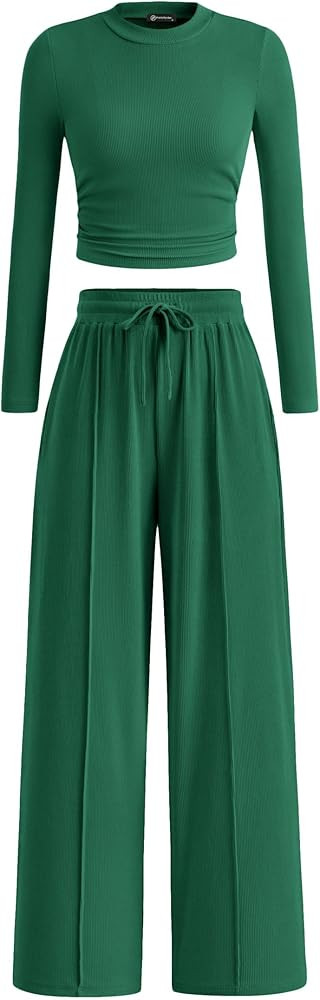 PRETTYGARDEN Women's 2 Piece Sets 2025 Fall Long Sleeve Crop Tops Wide Leg Pants Matching Outfit ... | Amazon (US)