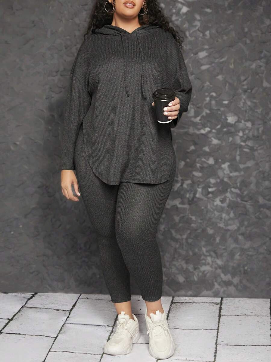 SHEIN CURVE+ Plus Drop Shoulder Drawstring Hoodie & Leggings | SHEIN