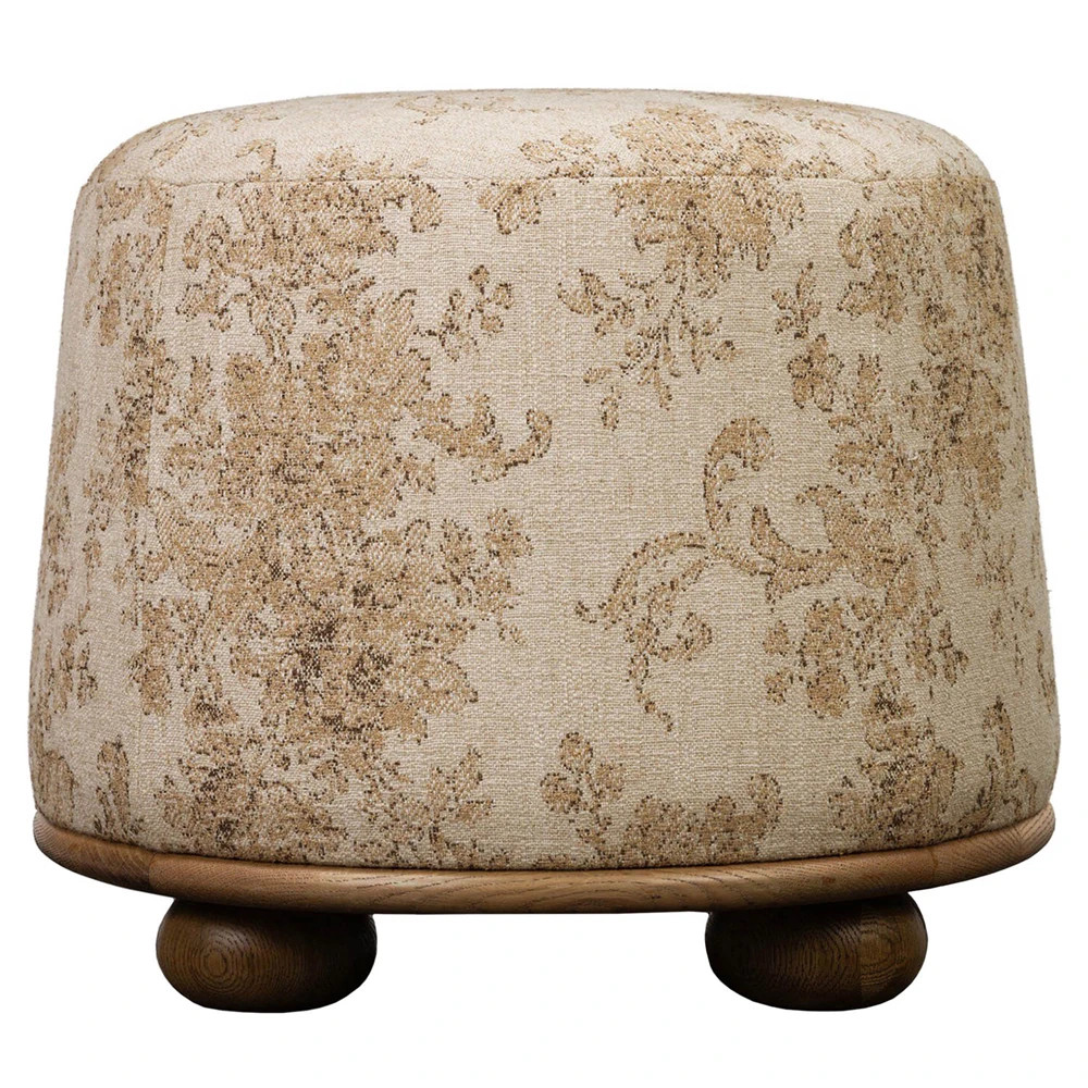 Leroy Modern Classic Beige Printed Brown Oak Round Ottoman | Kathy Kuo Home