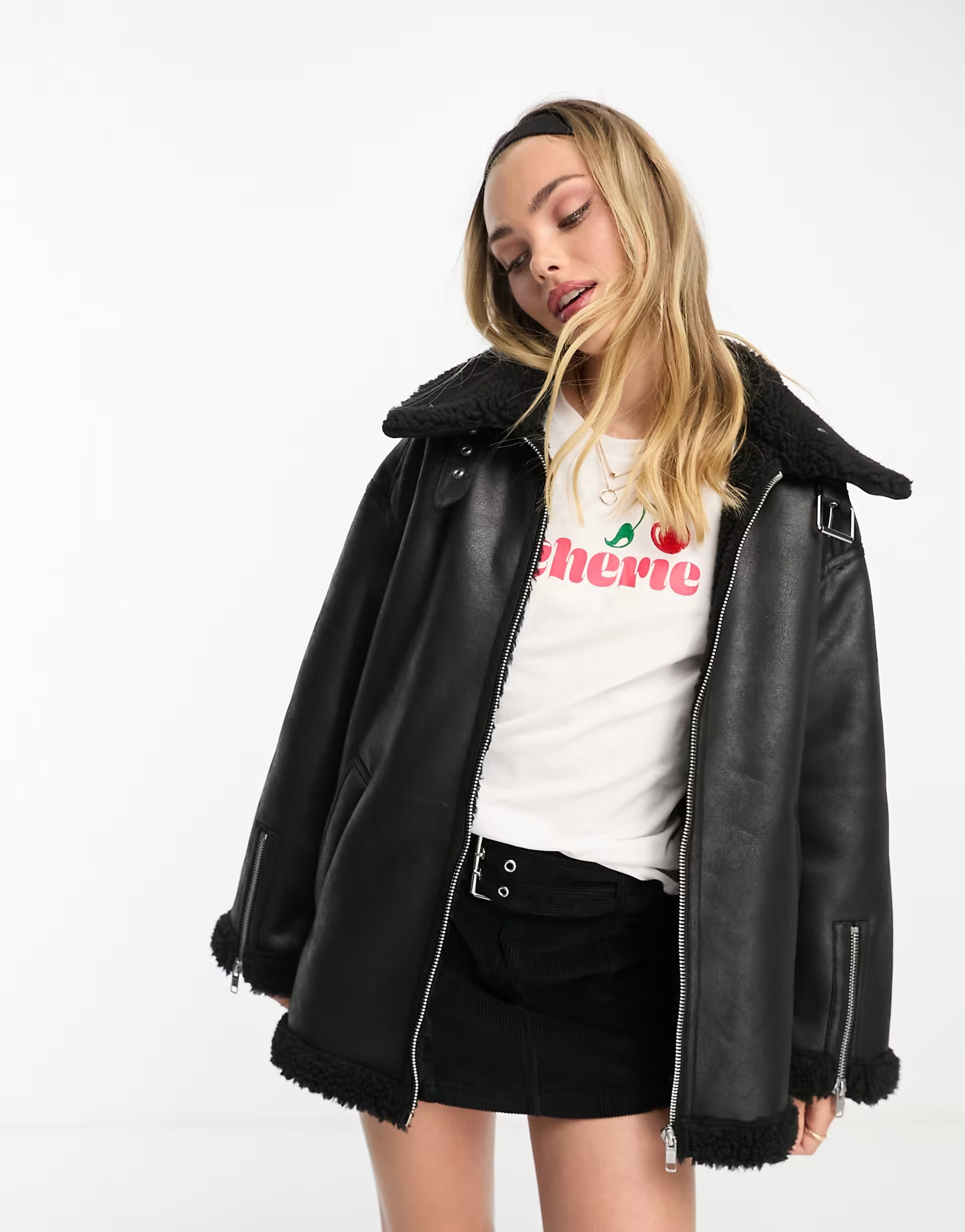 Monki faux leather and shearing aviator jacket in black | ASOS (Global)