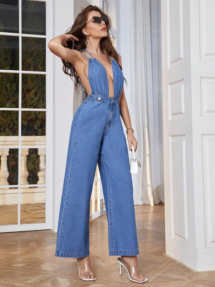 SHEIN Privé Plunging Neck Backless Wide Leg Denim Jumpsuit | SHEIN