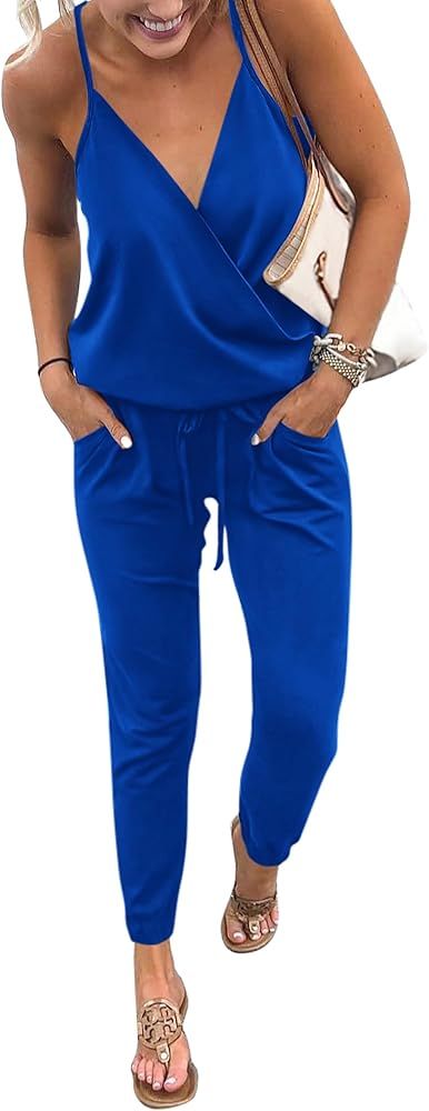 PRETTYGARDEN Women's Summer Casual Jumpsuits Wrap V Neck Sleeveless One Piece Pants Romper with P... | Amazon (US)