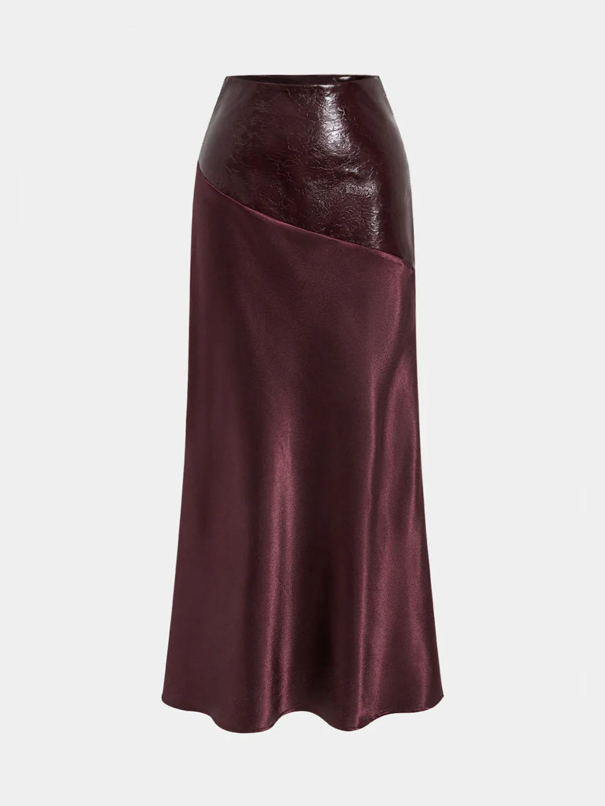 Faux Leather Panel Asymmetric Satin Maxi Skirt | Commense