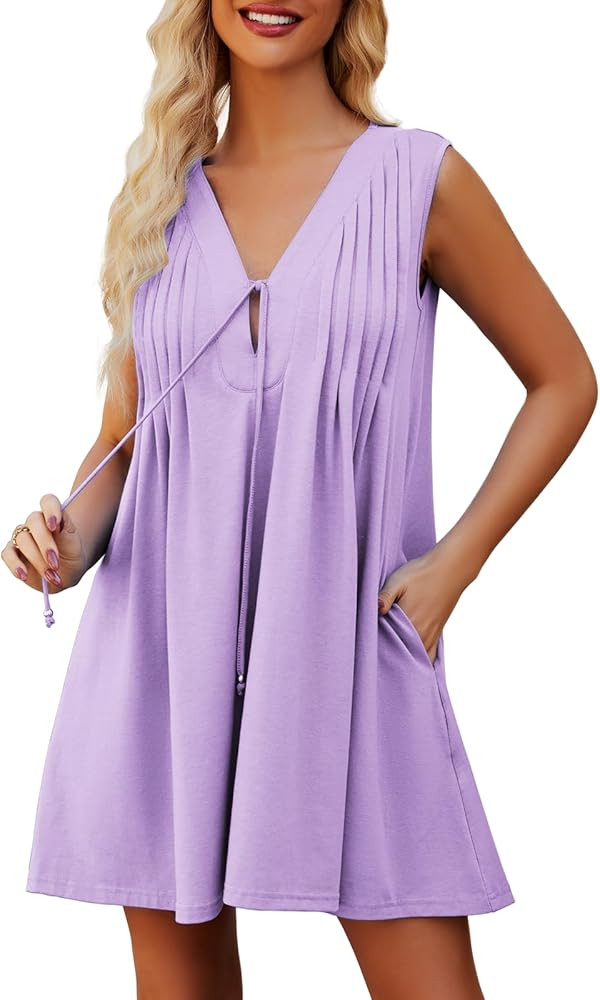 Womens Casual Summer Dresses V Neck Sleeveless Tank Dress with Pockets Pleated Flowy Mini Sundres... | Amazon (US)