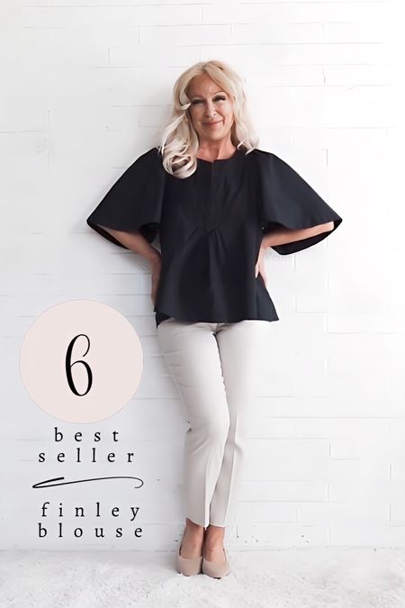 Last week #6 bestseller is the Finley blouse. This top is up three spots as it was last week #9 bestseller. It is a great piece for midlife women because it covers the upper arm while still allowing air to flow around the skin. And it just looks classy! Wow, the Finley is not on sale yet this week, the pants are 40% off.

#LTKOver40 #LTKSeasonal #LTKSaleAlert