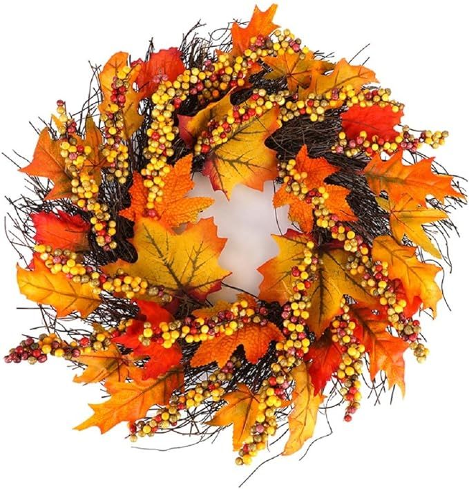 Hoomall 18'' Fall Wreath for Front Door, Fall Berry Maple Wreath, Flower Thanksgiving Wreath for ... | Amazon (US)