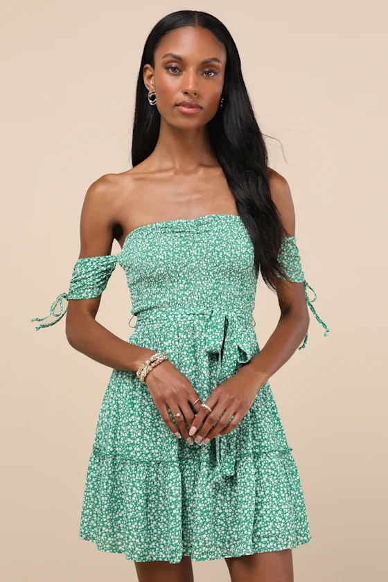 Sweetest Feelings Green Floral Off-the-Shoulder Mini Dress | Lulus