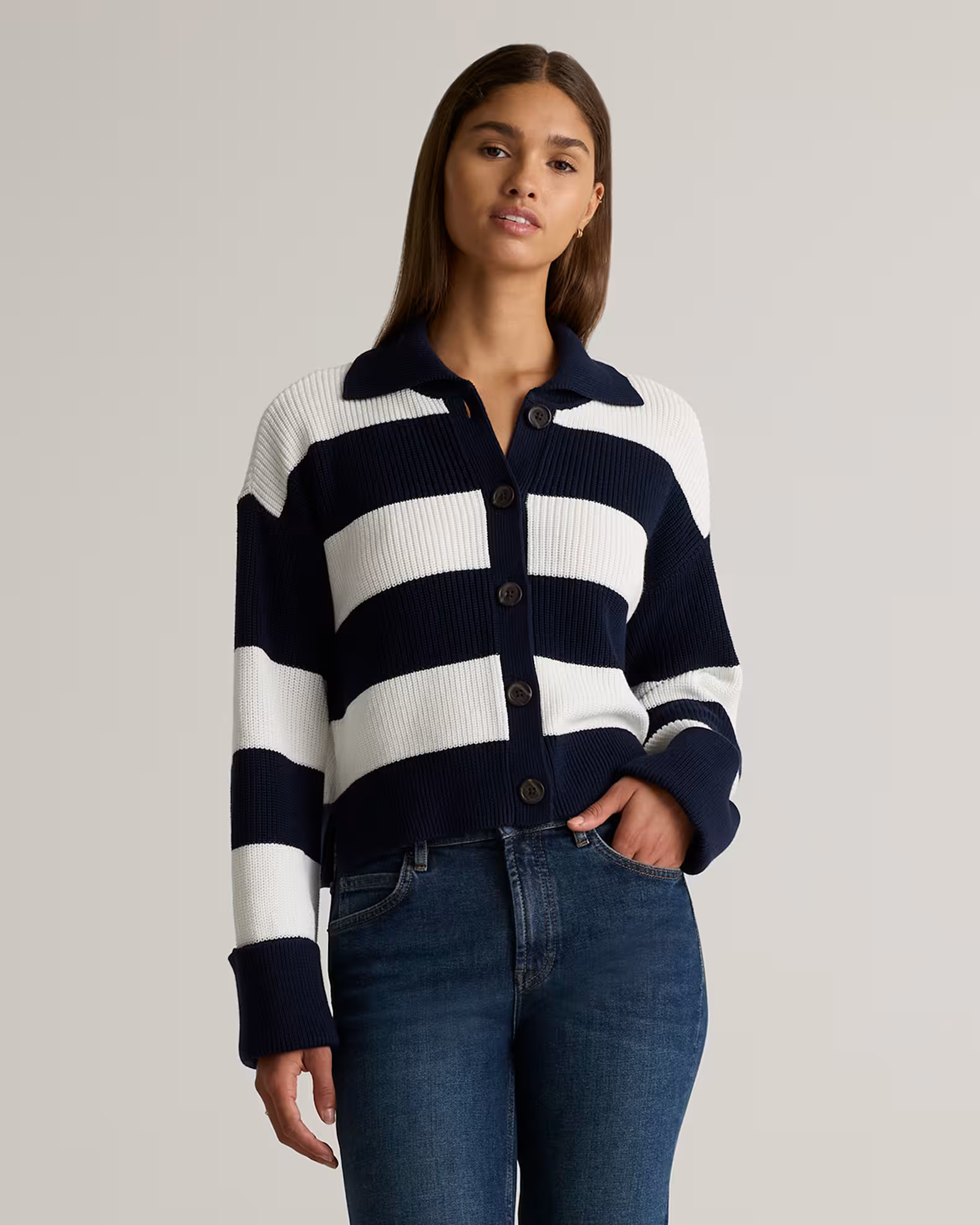 100% Organic Cotton Fisherman Collared Cardigan in Navy/white | Quince