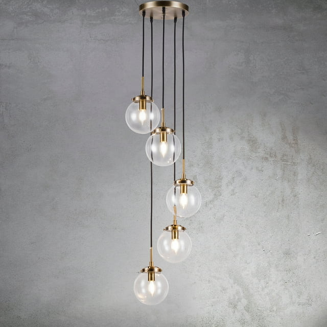 JYYQ.INC 5-Lights Modern Staircase Globe Bubble Glass Linear Chandelier Gold | Walmart (US)