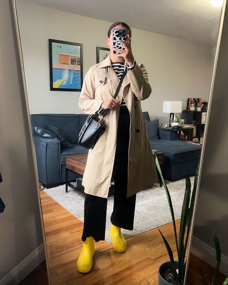 fall ootd, fall outfit ideas, what i wore today, realistic fall outfits, trench coat, striped t-shirt, breton stripes, pleated straight pants, rain boots, ugg boots

#LTKstyletip #LTKSeasonal
