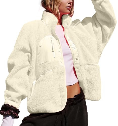 Bnigung Womens Fuzzy Fleece Sherpa Jacket Lightweight Casual Coat Long Sleeve Winter Warm Outwear with Pockets(Beige,XL) | Amazon (US)