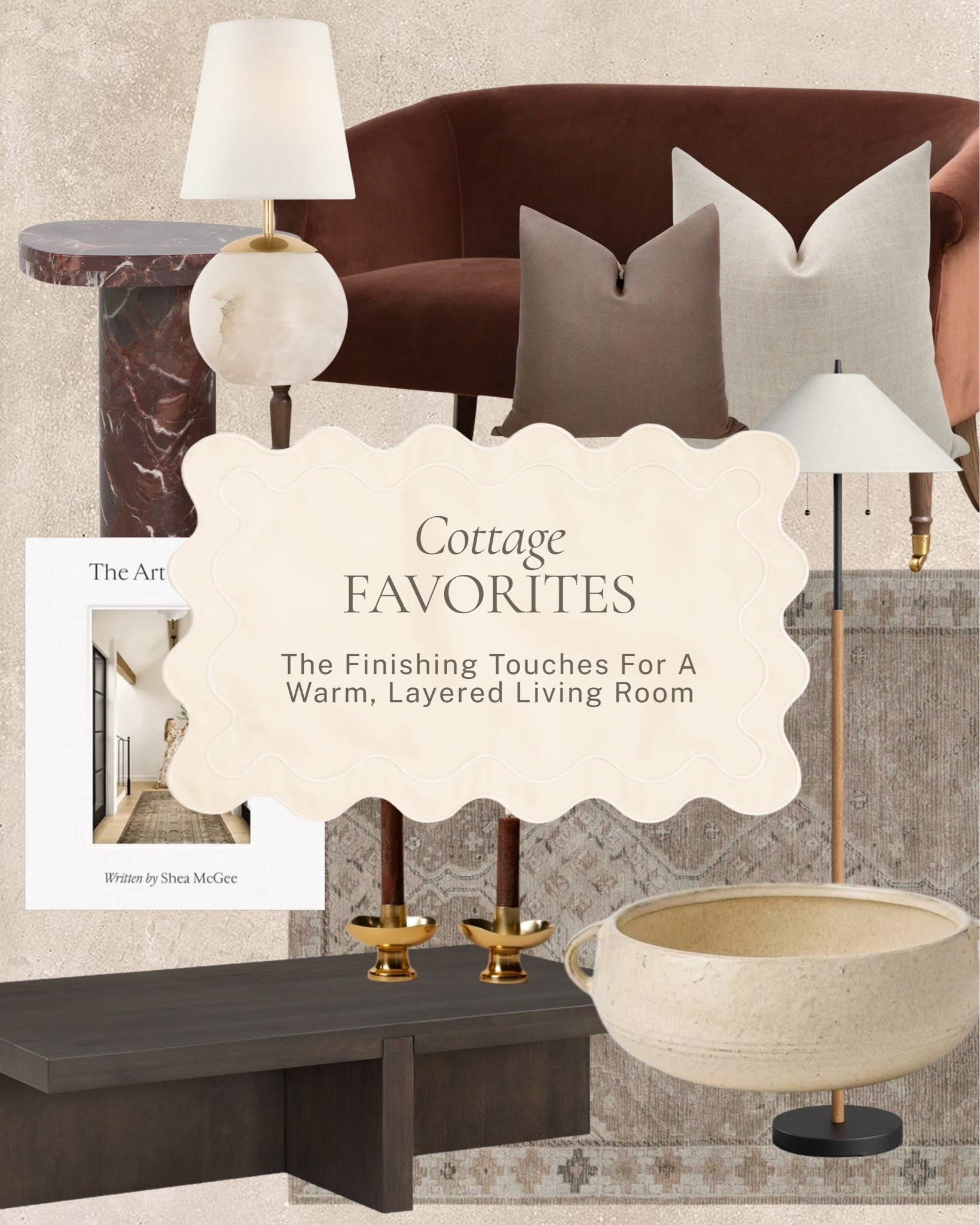 It is always the finishing touches ✨ 

A rich brown velvet chair, a marble side table, an alabaster lamp, a classic floor lamp, a dark wood coffee table, brass candlesticks, a textured ceramic bowl, and a vintage-inspired rug that ties every layer together. 

All linked here 🤍 

#LTKhome