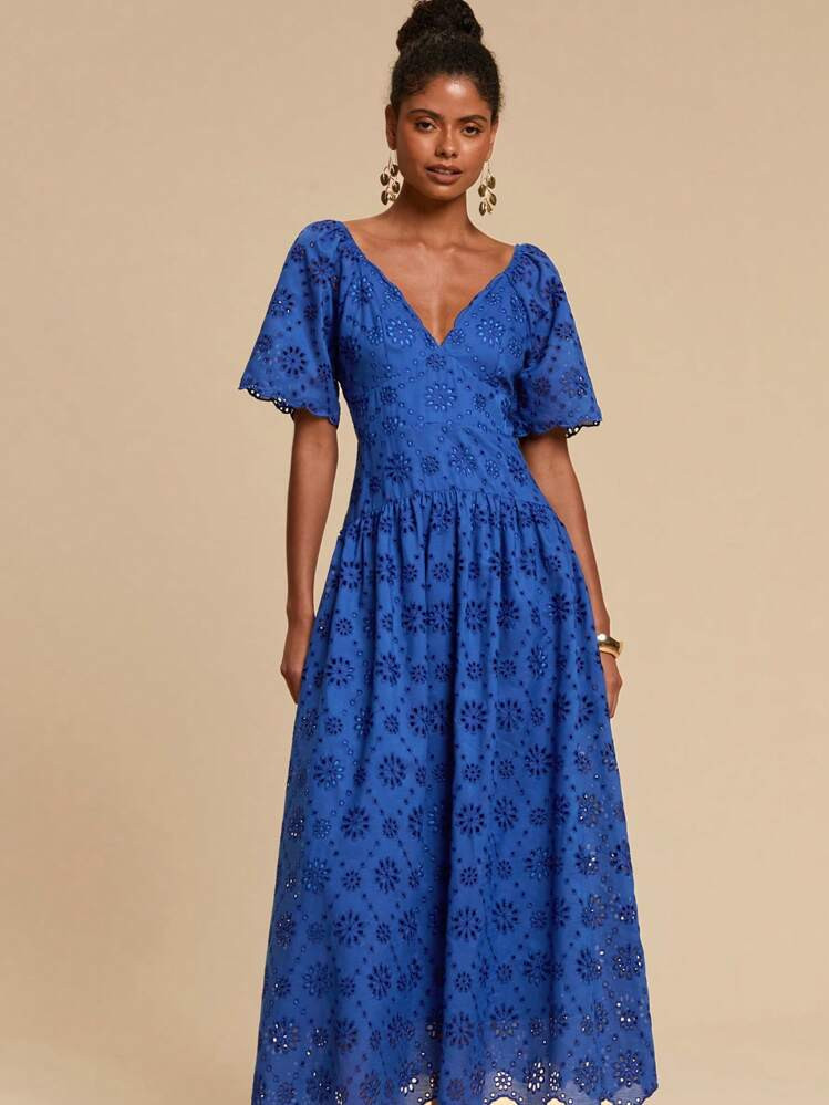 Travachic Summer Blue Puff Sleeve Long Dress With Floral Cutout Design And Sweetheart Neckline Blue Dress Blue Midi Dress Blue Eyelet Dress Blue Vacation Dress | SHEIN