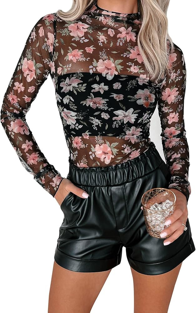 Womens Floral Mesh Top Mock Neck Long Sleeve Slim Fit See Through Shirt Blouses Tops | Amazon (US)