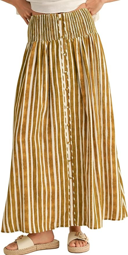 InterNos Womens Striped Maxi Skirt Trendy Front Buttons Elastic Waistband A-Line Boho Long Skirt ... | Amazon (US)