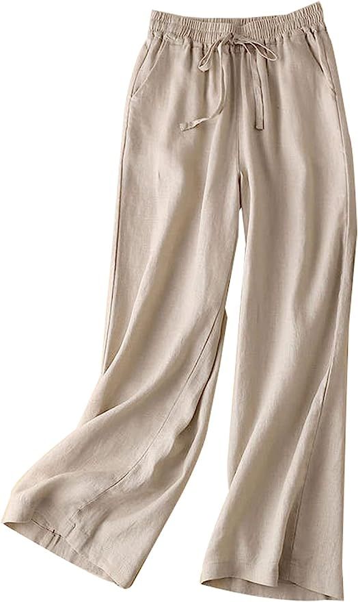Haellun Women's Cotton Linen Drawstring Pants Wide Leg Elastic Waist Trousers with Pockets | Amazon (US)
