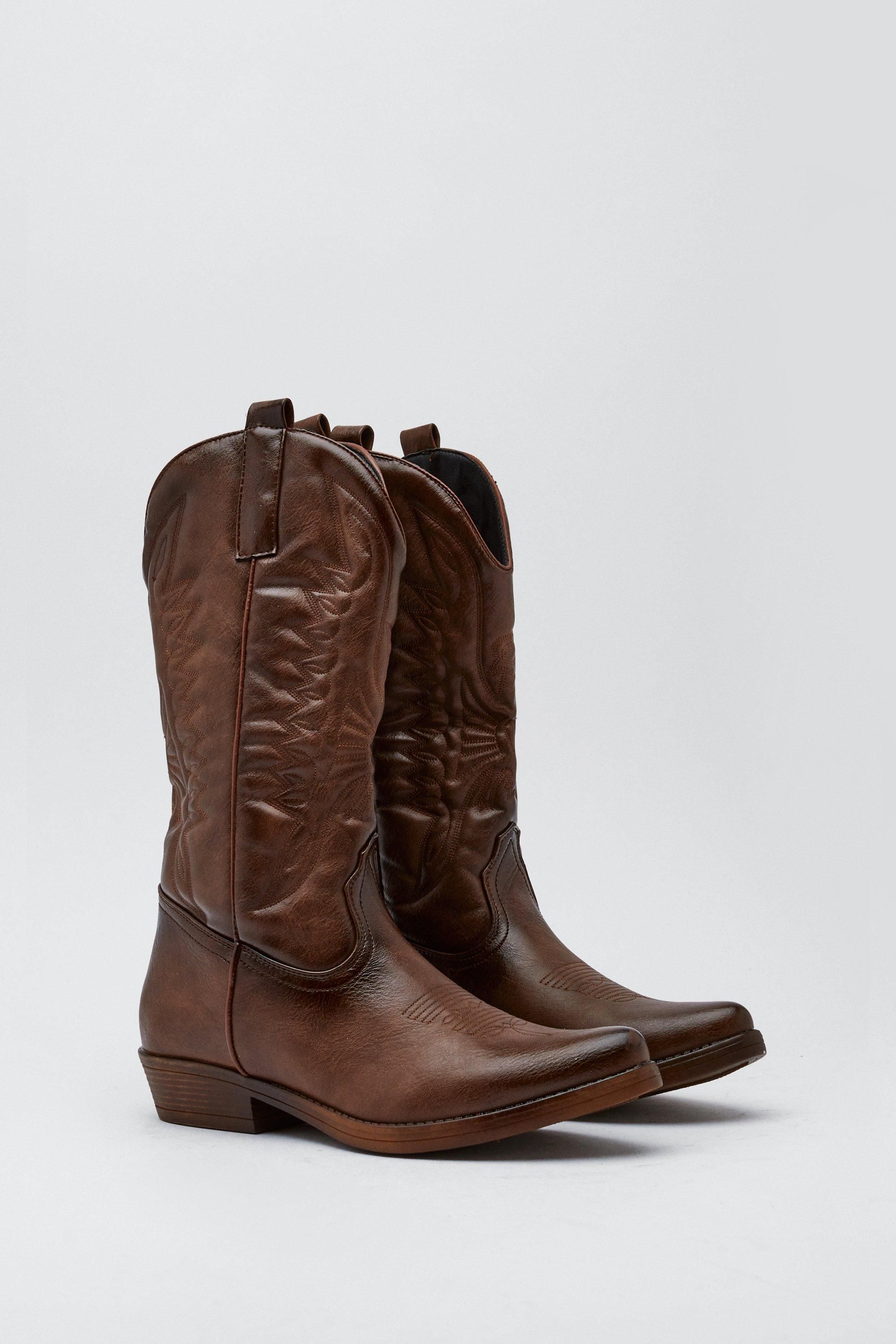 Faux Leather Burnished Knee High Cowboy Boots | Nasty Gal (US)