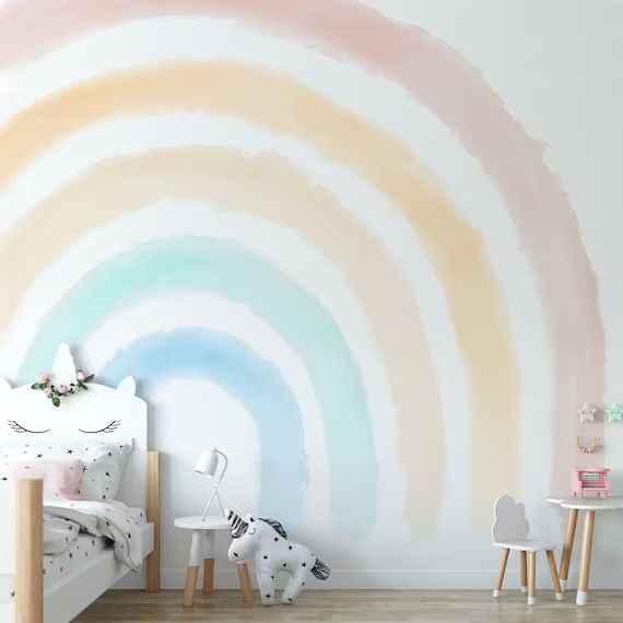 Boho Coral Peach Pink Rainbow Removable Wallpaper //Pastel Rainbow Wall Mural Pink Sticker Self A... | Etsy (US)