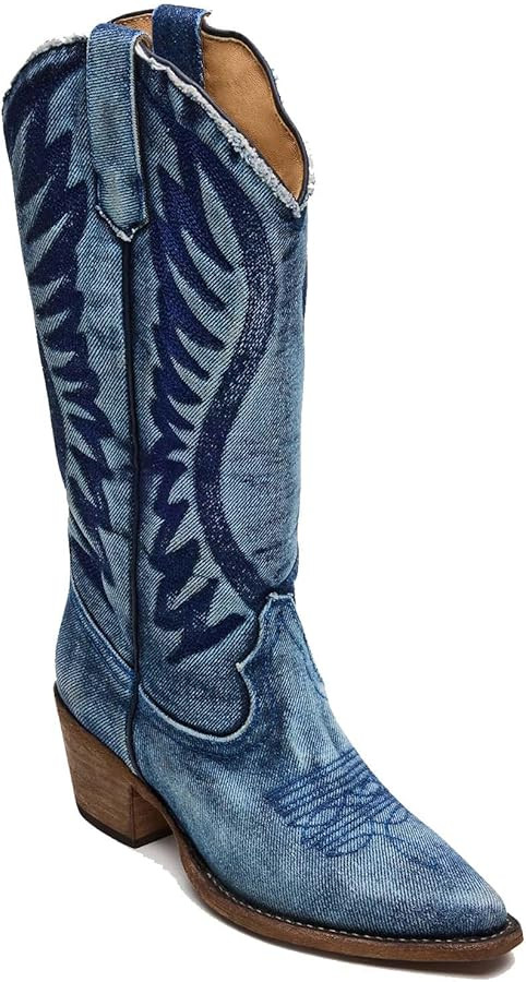 Amazon.com | MICIFA Denim Cowboy Boots For Women Blue Mid Calf Western Boots Pointed Toe Chunky B... | Amazon (US)