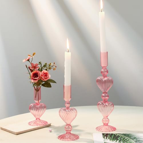 Mumufy 3 Pcs Valentine's Day Glass Candlestick Holders Pink Heart Glass Taper Candle Holder Valentines Heart Candle Stick Vase Decor for Wedding Festival Party Table Centerpiece | Amazon (US)