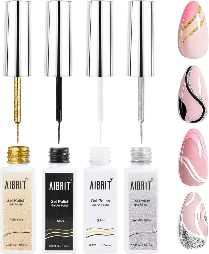 Gel Liner Art Polish Set 10ml, 4 Colors Black White Gold Silver Design Paint with Thin Brush in B... | Amazon (US)