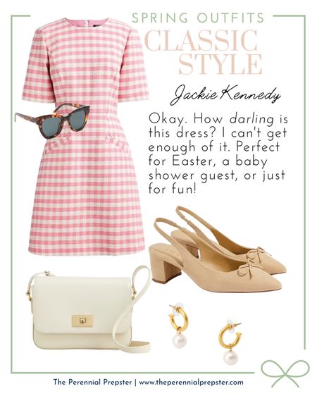Classic and darling spring outfit idea. Loving this pink gingham dress for Easter, baby shower guest, or just for fun. So pretty and feminine! | classic style, spring outfit idea, spring dress, Easter outfit, timeless style, block heel sling back bow heels, pearl earrings, elegant style, feminine style | 

#LTKstyletip #LTKSeasonal #LTKFind