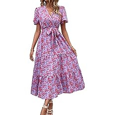 MASCOMODA Womens Boho Swiss Dot Maxi Dresses Wrap V Neck Flutter Short Sleeve Solid Tie Belt A Li... | Amazon (US)