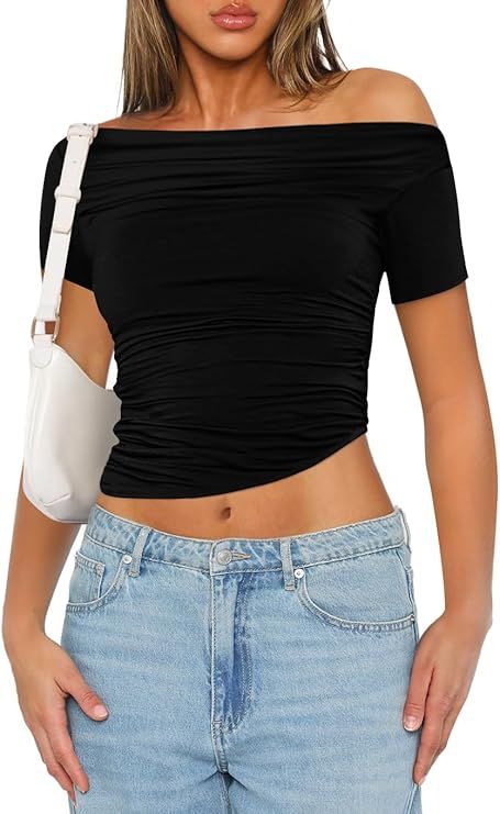 MIROL Women's Short Sleeve Y2k Tops 2024 Boat Neck Off Shoulder Crop Tops Slim Fit Blouse Tight S... | Amazon (US)