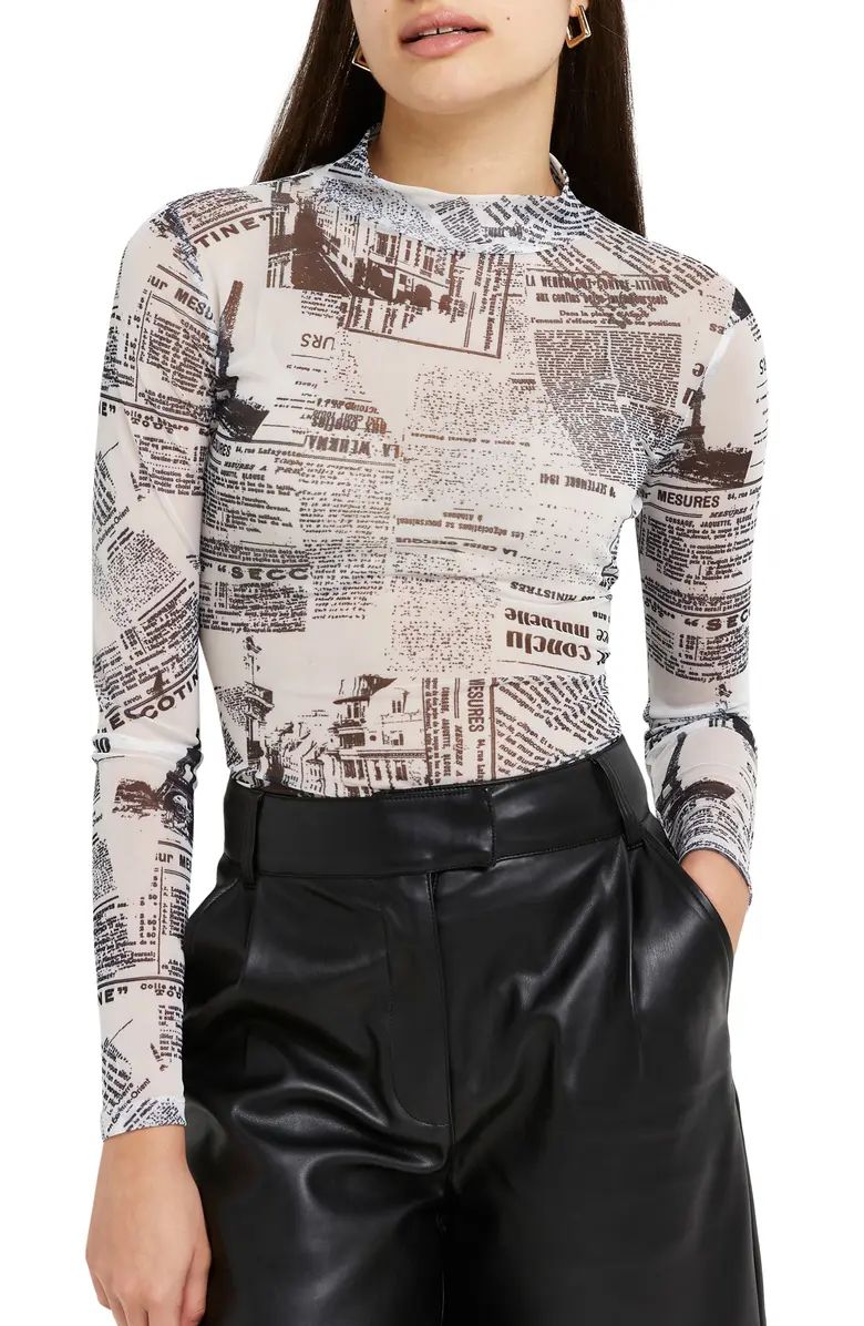 Newspaper Print Mesh High Neck Top | Nordstrom