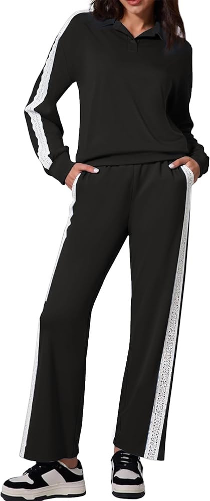 Glamaker Womens Sweatsuits 2 Piece Set Fall Sweatshirt Polo Top Track Suit Lace Wide Leg Lounge T... | Amazon (US)