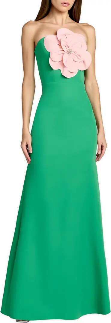 Crepe Strapless Column Gown With 3D Flower | Nordstrom