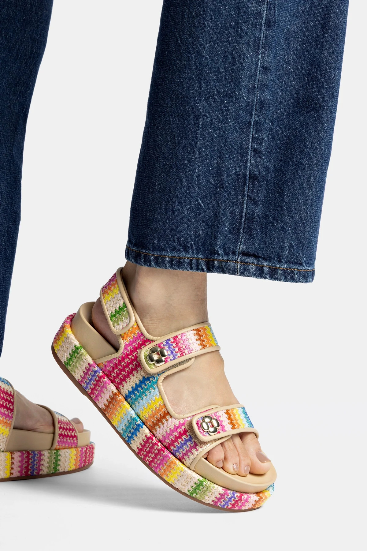 Jetty Sandal In Rainbow Raffia and Beige Leather | Larroude
