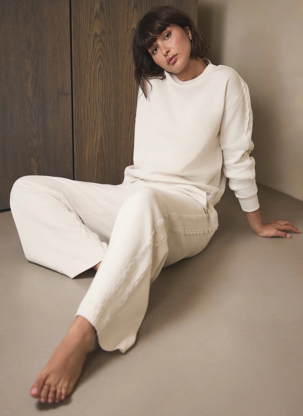 Cream Cotton Blend Lace Trim Joggers | Mint Velvet