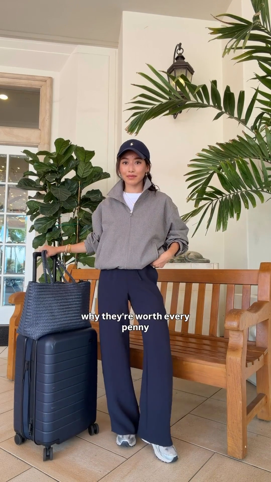 Sizing info below! 
• plaid bomber jacket 2XS colors selling out. great quality, oversized fit on me with sleeves folded up. Banded bottom torso can be tucked under for a shorter look. 
• Aritzia pants 2XS short FYI runs long for petites so you may need to hem to wear with sneakers (I have sneaker inserts in)
• lululemon cropped T-Shirt xxs, also linked a high quality non cropped tee I love 
• Madewell tote 
• Away bigger flex carry-on suitcase 
• new balance 530 sneakers 

Vacation travel outfit airport style, comfy petite mom easy chic ideas
