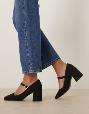 ASOS DESIGN Wide Fit Selene Mary jane mid block heeled shoes in black | ASOS (Global)