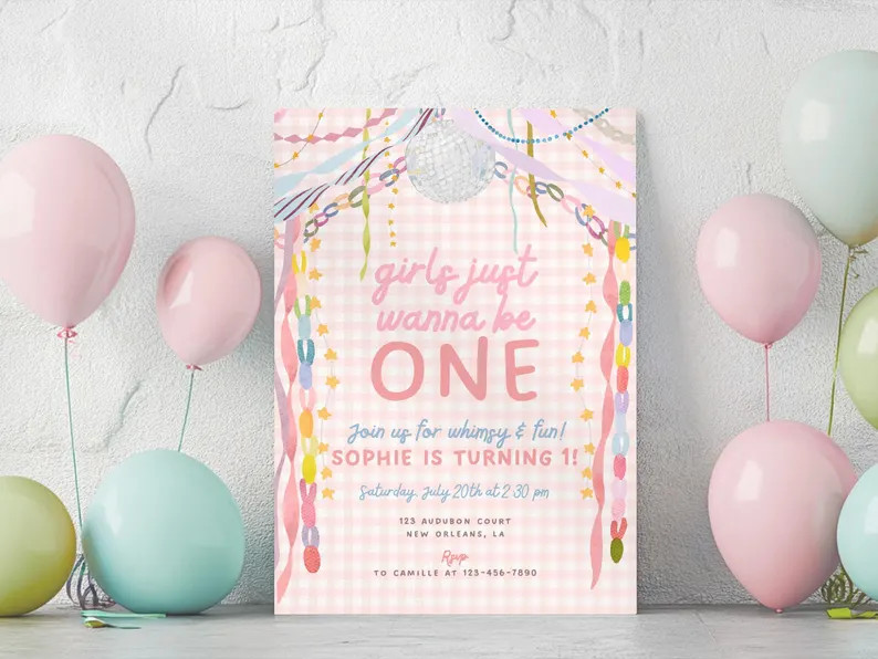 Girls Just Wanna Be One Birthday Invitation, Pink Disco Garland 1st Birthday Party Invite, Pastel... | Etsy (Global)