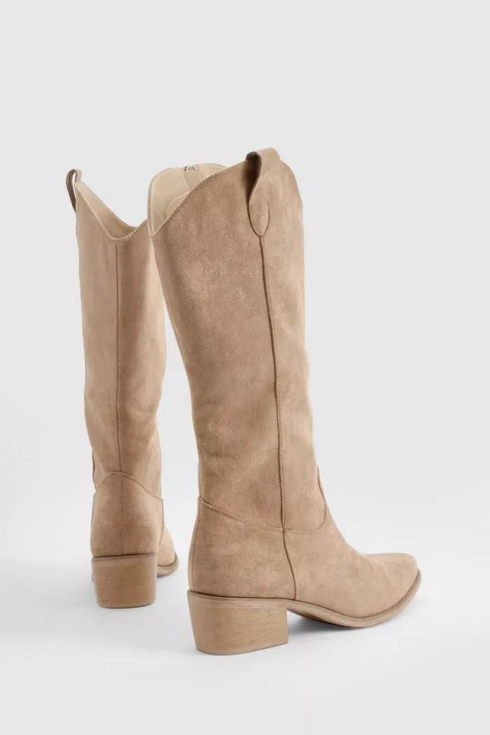 Tab Detail Knee High Western Boots | Boohoo.com (UK & IE)