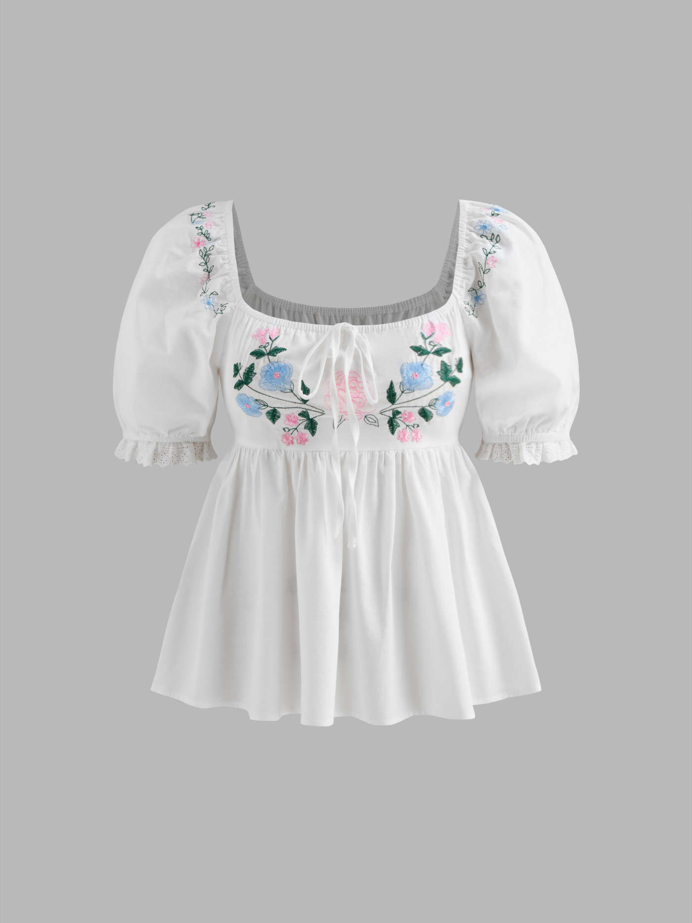 Cotton-blend Square Neck Floral Embroidery Ruffle Knotted Puff Sleeve Blouse... | Cider