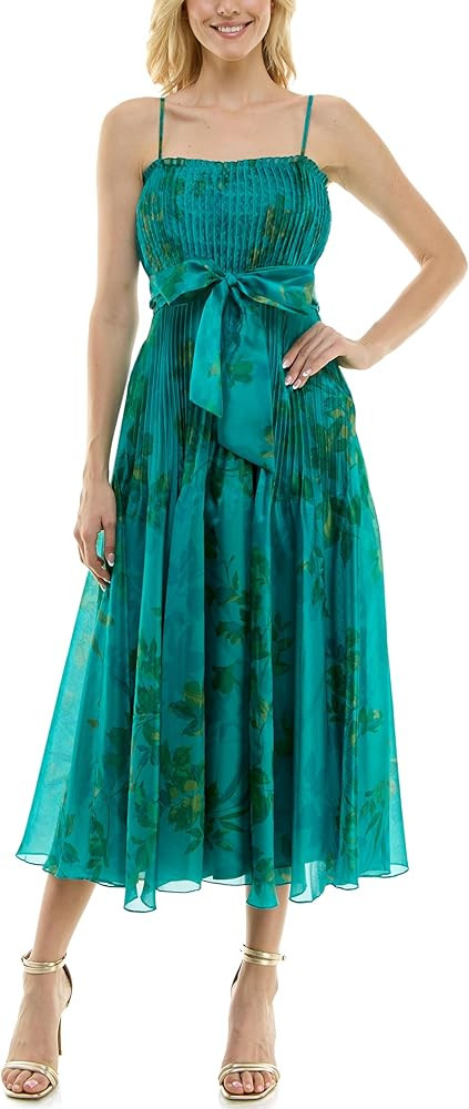 Taylor Women's Sleeveless Smocked Spaghetti Strap Midi Dress with Bow Sash | Amazon (US)