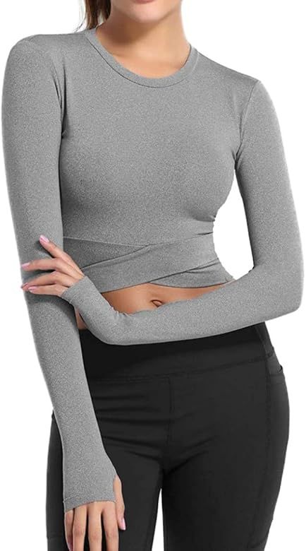 Bontierie Women Crew Neck Crop Tops Tummy Cross Long or Short Sleeve Sport Shirt for Yoga Fitness... | Amazon (US)