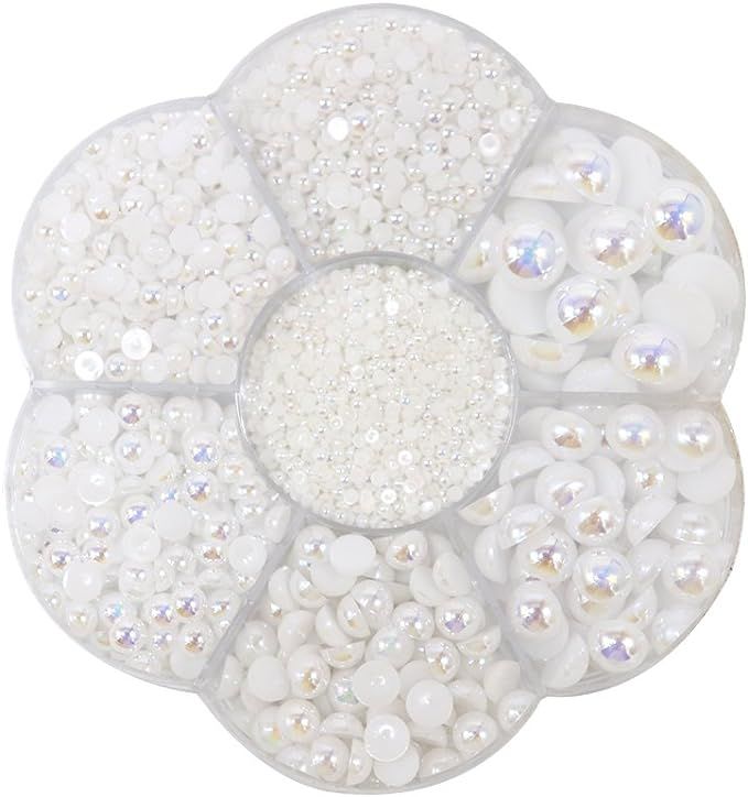 Approx 5600pcs Mixed Size DIY Half Pearl Bead Flat Back Plastic Craft Plastic Box (AB White) | Amazon (US)