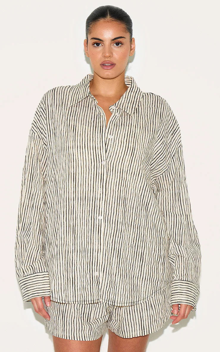 Plus Black Striped Linen Long Sleeve Shirt | PrettyLittleThing US