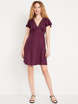 Fit & Flare Crepe Lace-Trim Mini Dress | Old Navy (US)