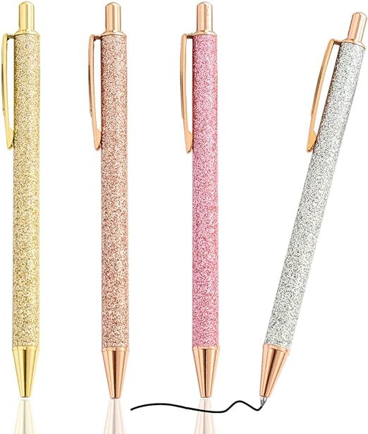 Amazon.com : PASISIBICK Rose Gold Glitter Click Ball Pen Gift Set, Metal Retractable Ballpoint Pe... | Amazon (US)