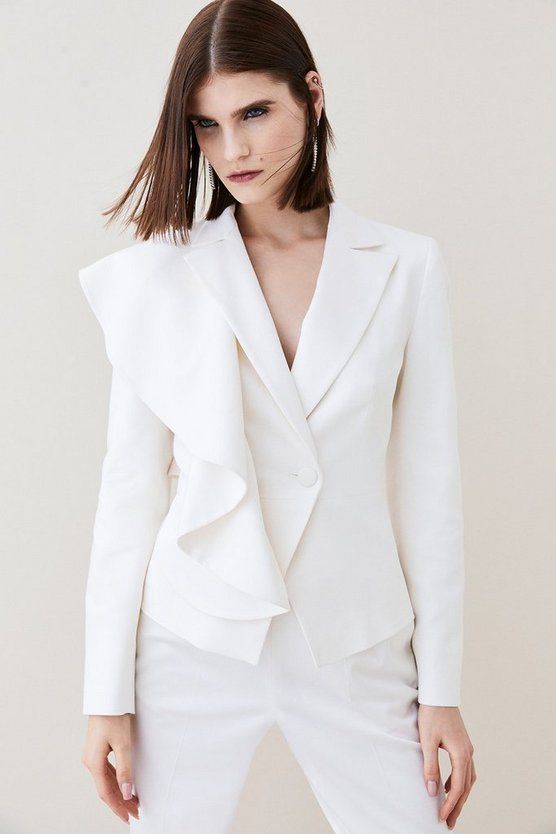 Italian Wool Satin Statement Ruffle Tailored Jacket | Karen Millen US