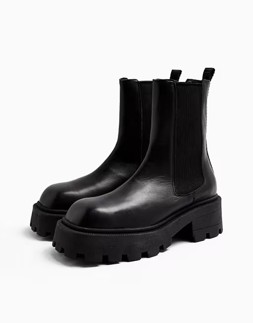 Topshop square toe leather chunky chelsea boots in black | ASOS (Global)