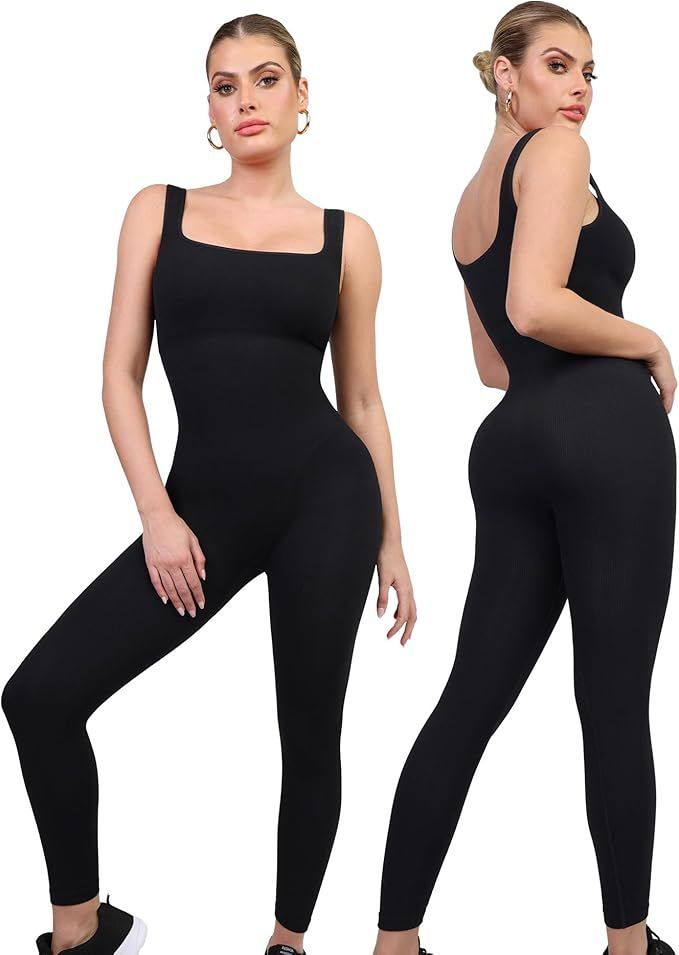 Popilush Long Sleeve Jumpsuit for Women Built-In Bra Seamless Ribbed Square Neck Full Length Body... | Amazon (US)