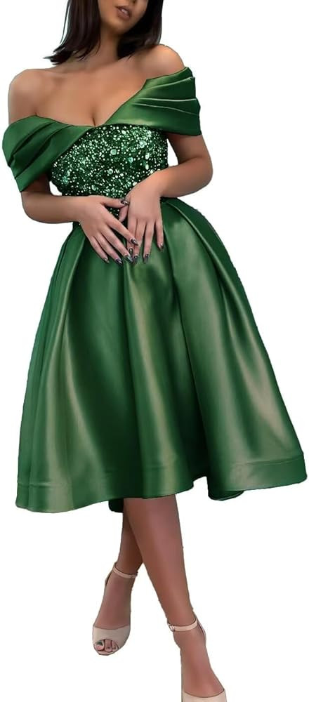 Off Shoulder Sequin Mermaid Prom Dresses 2024 V Neck Satin A-Line Pleated Homecoming Dresses Form... | Amazon (US)